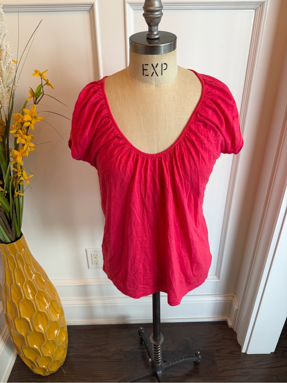 LOFT Scoop Neck with gathering Short Cap Sleeve Tee in Bright Coral Pink